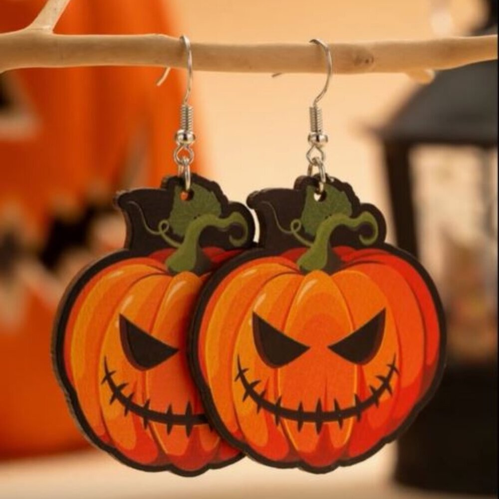 NEW Grinning Jack-o-Lantern Orange Pumpkin Halloween Drop Earrings
